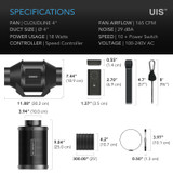 CLOUDLINE Inline Fan and Carbon Filter Combo, Cooling and Ventilation System for Grow Tents, Hydroponics, Indoor Gardening