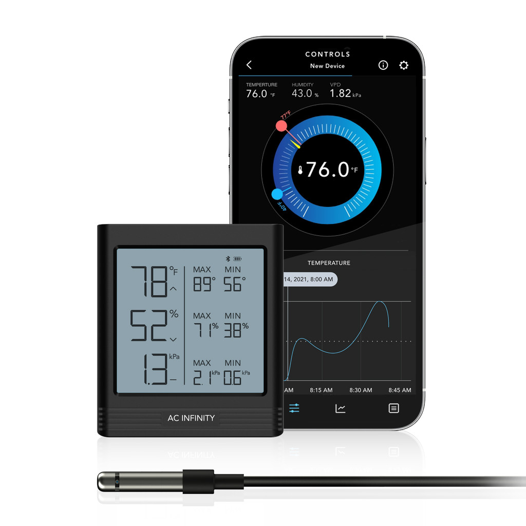 Bluetooth Smart VPD Hygrometer with Digital Temperature Humidity LCD Display and Remote App Monitor, Climate Gauge Thermometer and Thermal-alloy Probe for Basements, Guitar Rooms, Grow Tents and Greenhouses