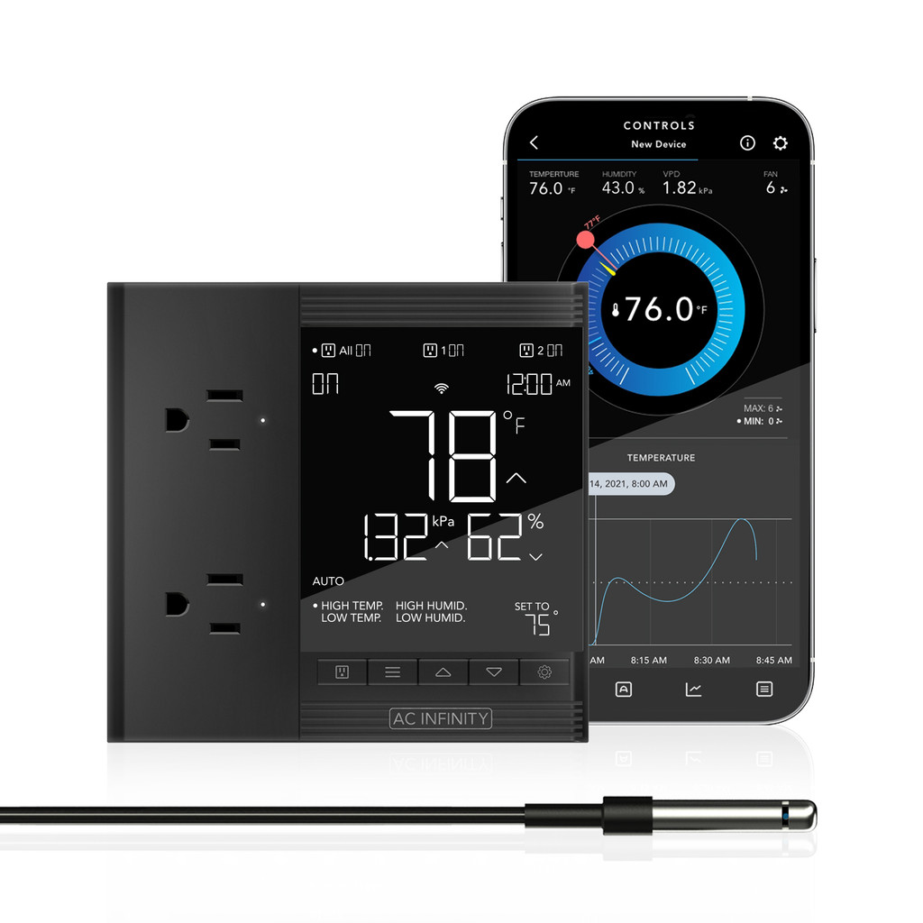 WiFi Outlet Controller, Independent Programs for Two Devices, Desktop Digital Thermostat with Temperature, Humidity, VPD, and Timer Controls, For Heat Mats in Seed Starting and Cloning