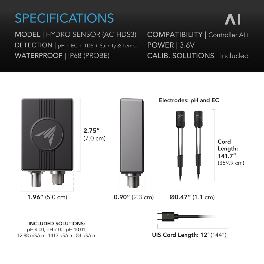 Hydro Sensor for Controller AI+, Precise pH, EC, TDS and Water Temp Data Tracking, Enables Equipment Control Programming