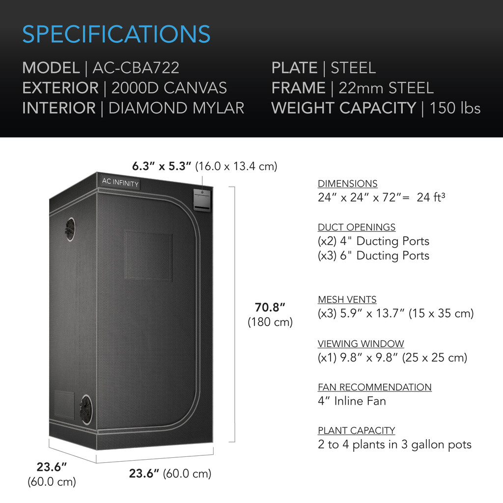 Grow Tent for Indoor Plant Growing, 2000D Oxford Canvas, 24" x 24" x 72"