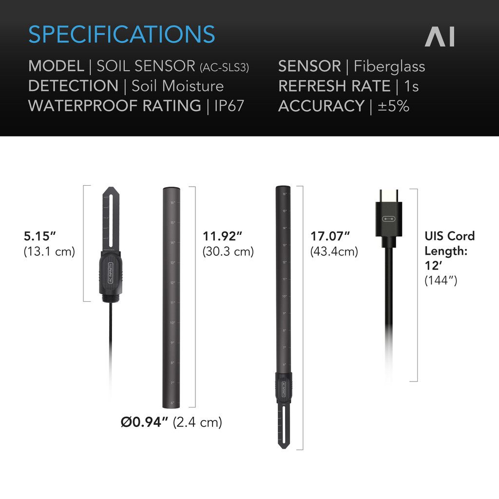 Soil Sensor Probe for AI Controllers, Monitor Moisture & Saturation for Gardens, Grow Tents, Grow Spaces, Detachable Stem, IP67 Seal Protection