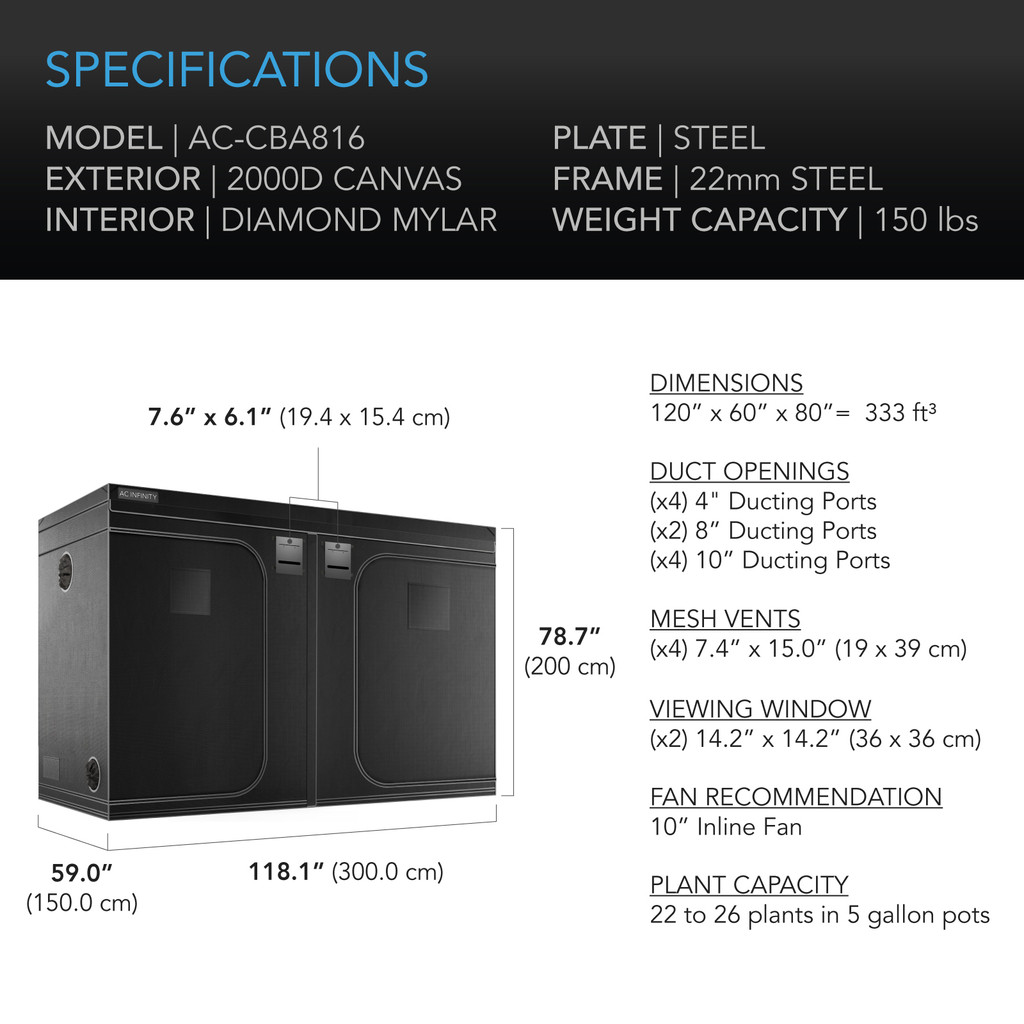 CLOUDLAB 816, Advance Grow Tent 10x5, Thickest 1 In. Poles, Highest Density 2000D Diamond Mylar Canvas, 120" x 60" x 80"