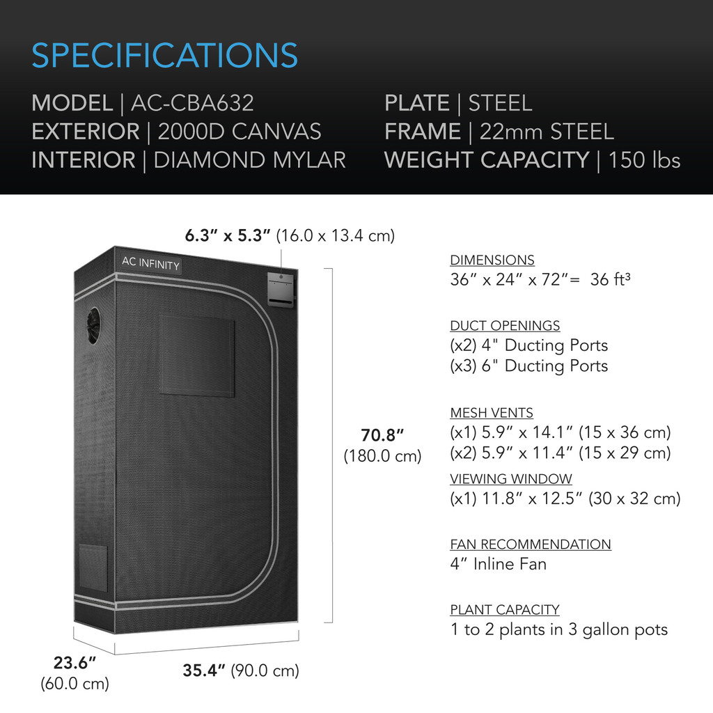 Grow Tent for Indoor Plant Growing, 2000D Oxford Canvas, 36" x 24" x 72"